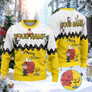 Custom Name Cartoon Snoopy Ugly Christmas Sweatshirt, Personalized Cartoon Holiday Sweater, Cute Beagle Ugly, Animated Character Xmas Sweater