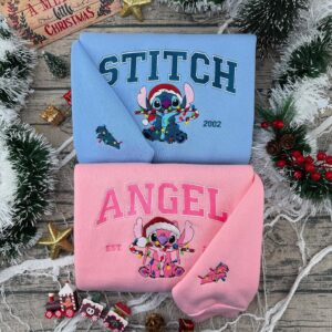 Stitch and Angel Mirror Meme Embroidered Sweashirt, Blue and Pink Alien Couple Patch Hoodie