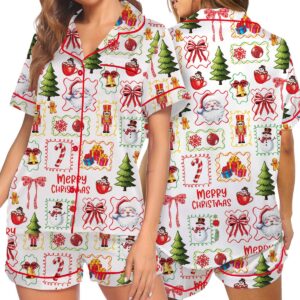 Matching Pajamas Bow Santa Print Button Short