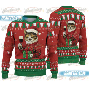 Cat Drinking Wine Ugly Christmas Sweater