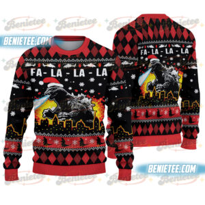 Fa-La-La-La Kaiju Ugly Christmas Sweater, Giant Monster Holiday Jumper, Funny Movie Ugly Knitwear, Classic Black Xmas Gift