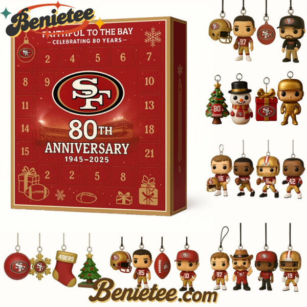 San Francisco 49ers Advent Calendar 2025 – 80th Anniversary Edition, Christmas Countdown Advent Calendar Gift Box with 24 Acrylic Ornaments