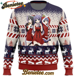 Santa Hitagi, Tsubasa, and Suruga Bakemonogatari Ugly Christmas Sweater