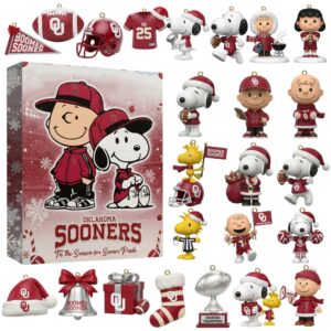 Snoopy Oklahoma Sooners Advent Calendar 2025 Official Ou Holiday Gift Set For Fans, Christmas Countdown Advent Calendar Gift Box With 24 Acrylic Ornaments