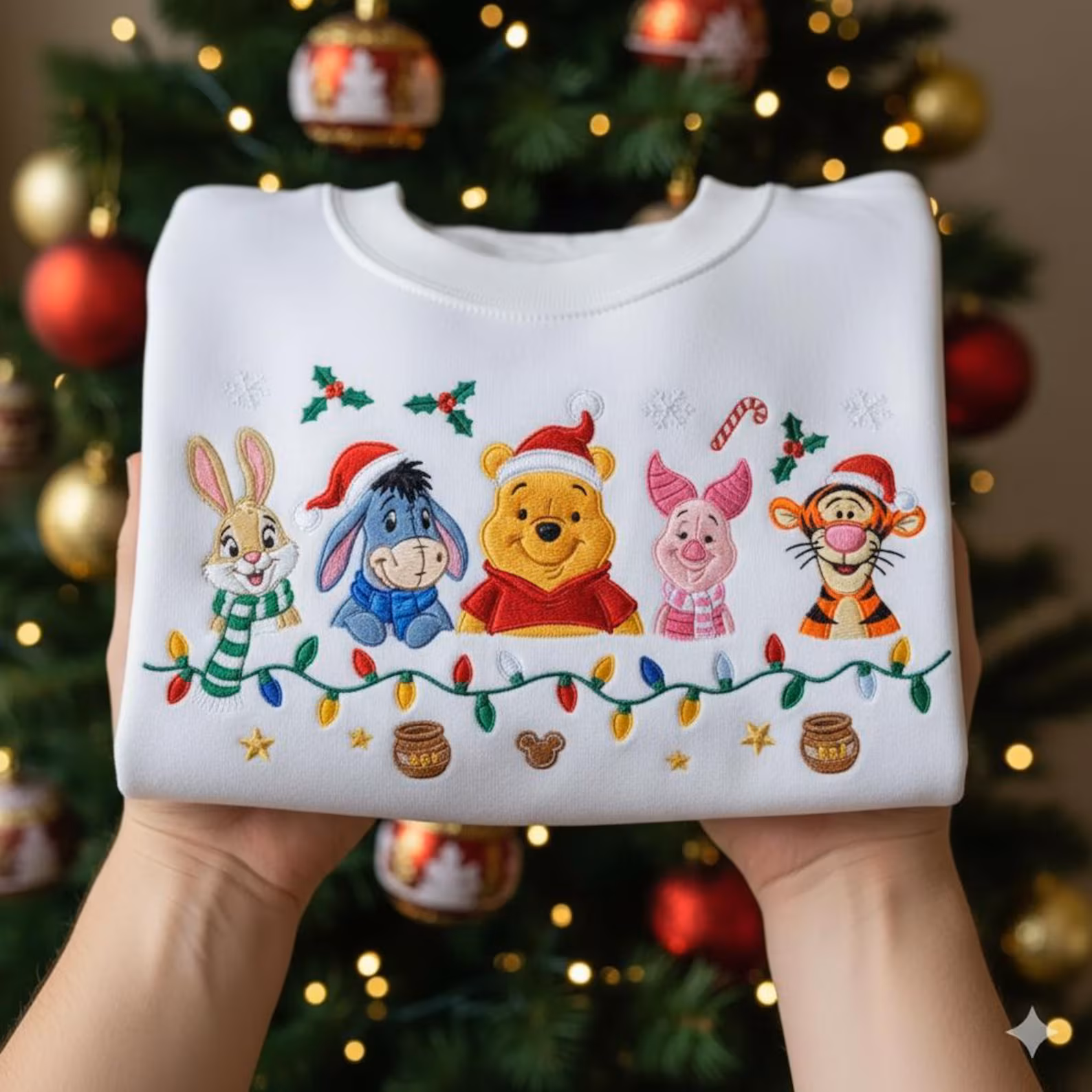 Disney Winnie The Pooh Christmas Embroidered Sweatshirt, Cute Holiday Crewneck with Piglet, Tigger, Eeyore & Rabbit, Festive Xmas Gift