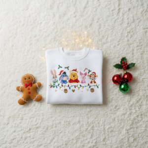 Disney Winnie The Pooh Christmas Embroidered Sweatshirt, Cute Holiday Crewneck with Piglet, Tigger, Eeyore & Rabbit, Festive Xmas Gift