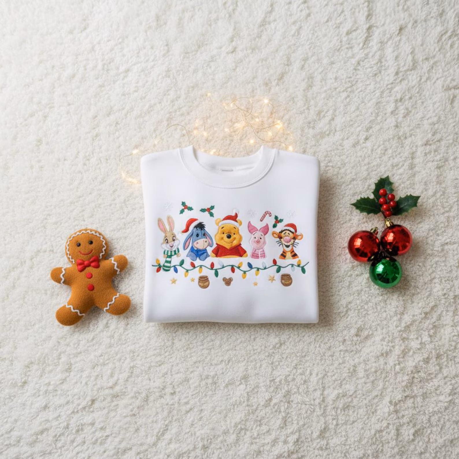 Disney Winnie The Pooh Christmas Embroidered Sweatshirt, Cute Holiday Crewneck with Piglet, Tigger, Eeyore & Rabbit, Festive Xmas Gift