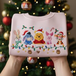 Disney Winnie The Pooh Christmas Embroidered Sweatshirt, Cute Holiday Crewneck with Piglet, Tigger, Eeyore & Rabbit, Festive Xmas Gift