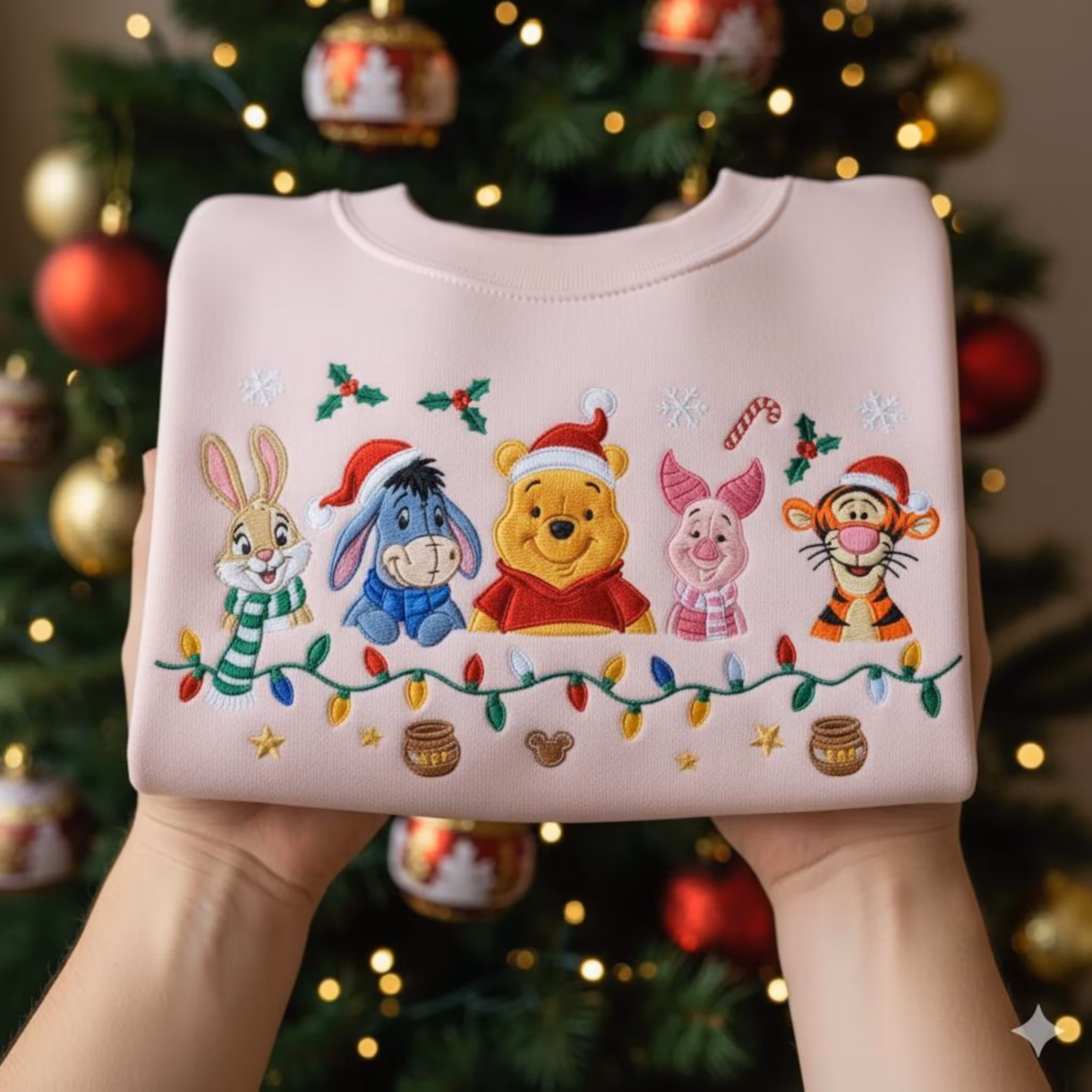 Disney Winnie The Pooh Christmas Embroidered Sweatshirt, Cute Holiday Crewneck with Piglet, Tigger, Eeyore & Rabbit, Festive Xmas Gift