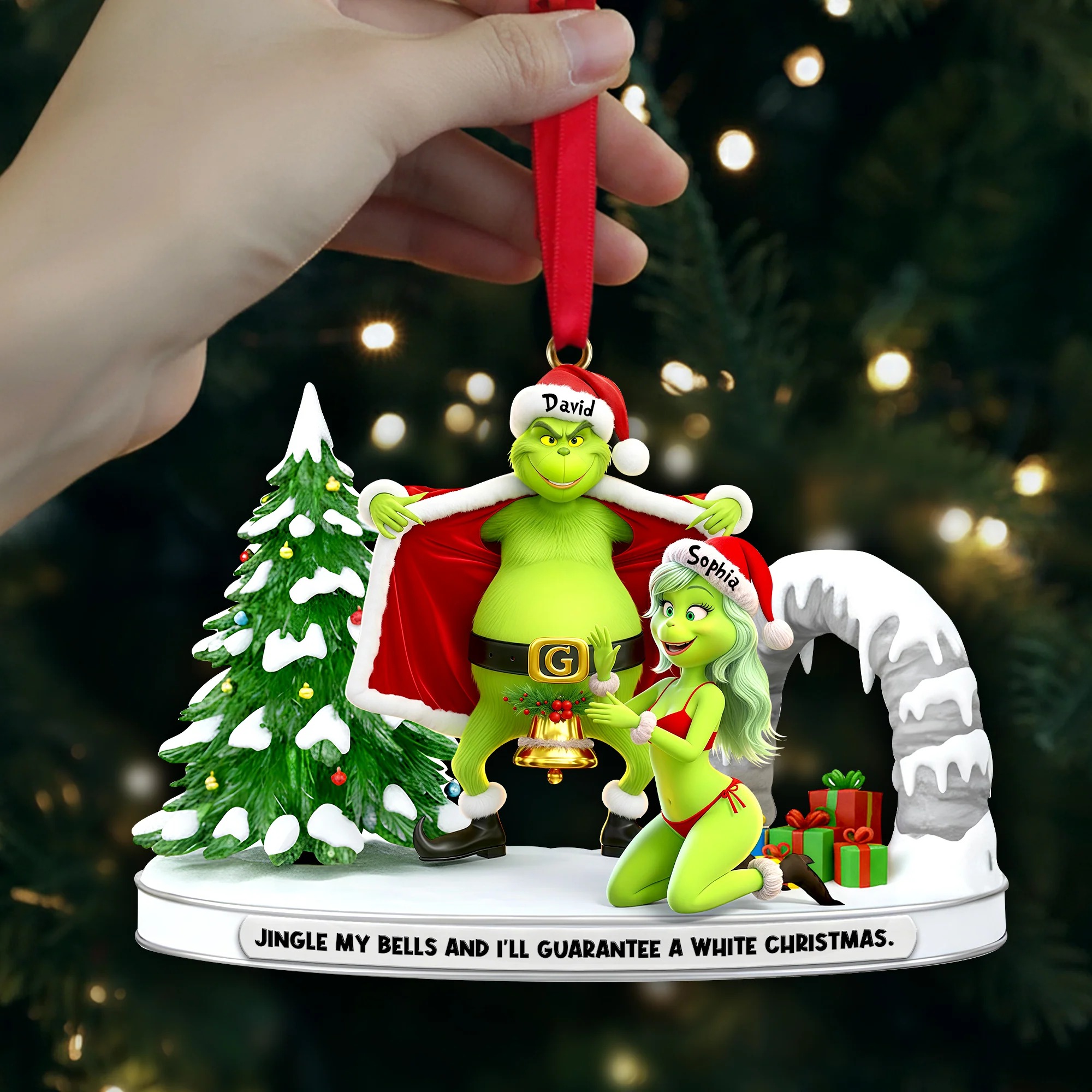 Funny Grinch Christmas Ornament, Personalized Couple Acrylic Ornament, Cute Green Monster Xmas Decoration, Holiday Tree Gift for Him Her