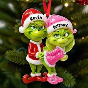 Funny Grinch Christmas Ornament, Personalized Couple Acrylic Ornament, Cute Green Monster Xmas Decoration, Holiday Tree Gift For Him Her