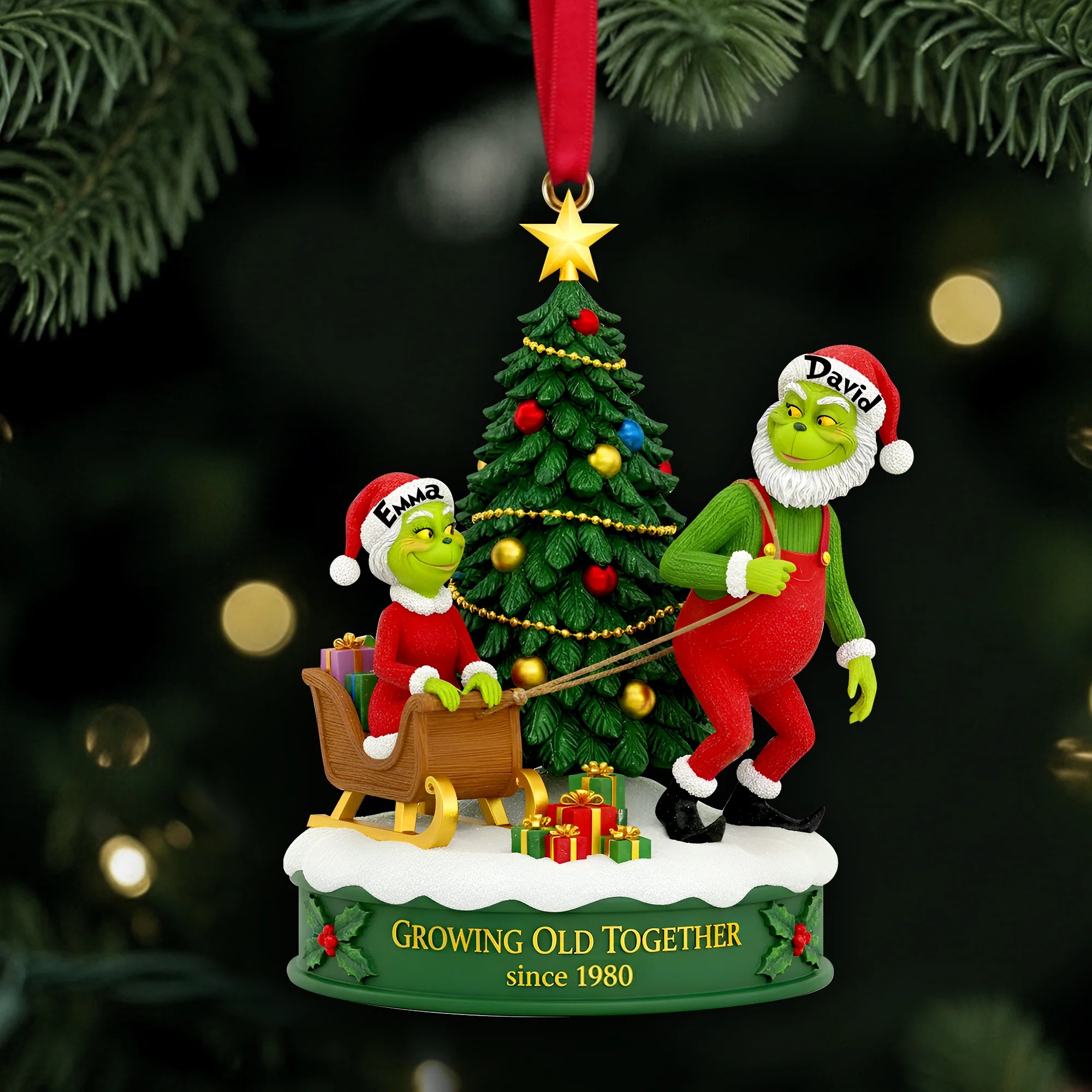 Personalized Grinch Christmas Ornament, Funny Green Monster Couple, Custom Holiday Tree Decoration, Christmas Ornament, Merry Grinchmas Gift