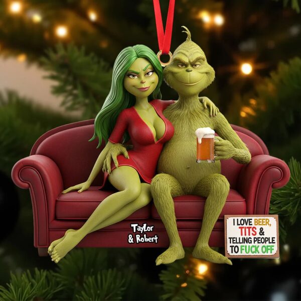 Funny Grinch Christmas Ornament, Personalized Couple Acrylic Ornament, Cute Green Monster Xmas Decoration, Holiday Tree Gift for Him Her