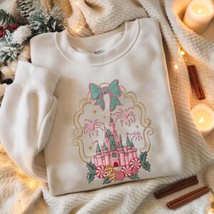 Embroidered Coquette Disney Castle Christmas Sweatshirt, Disneyland Holiday Bow Sweater, Disney Gingerbread Candy Cane Tee, Winter Park Top