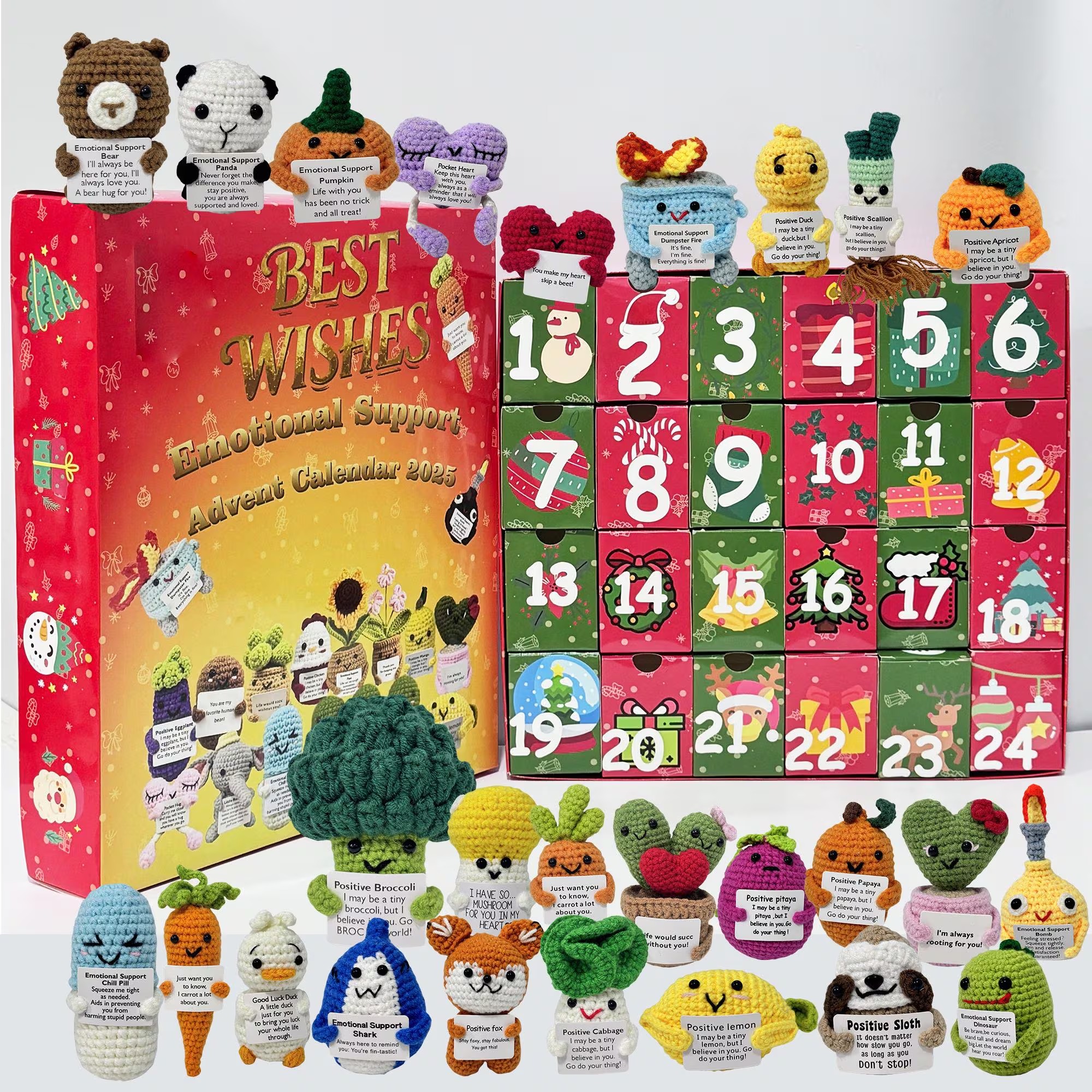 24 Days Countdown Christmas Box: 24Pcs Crochet Positive Vegetables/Fruits/Animal,Emotional Support Advent Calendar 2025,Funny Christmas Gift