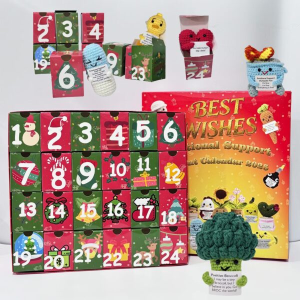 24 Days Countdown Christmas Box: 24Pcs Crochet Positive Vegetables/Fruits/Animal,Emotional Support Advent Calendar 2025,Funny Christmas Gift