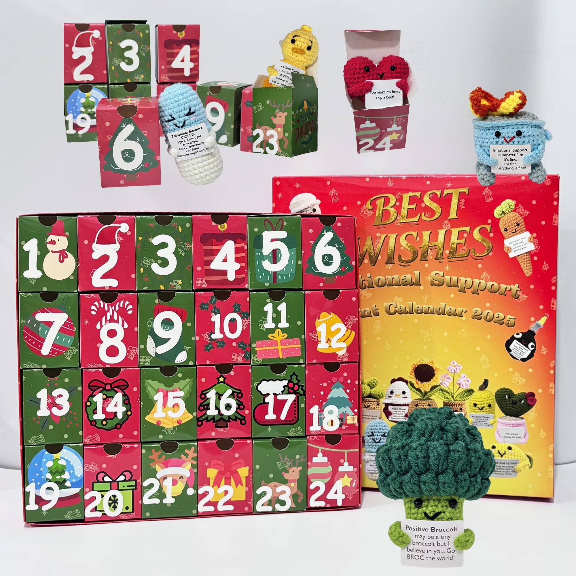 24 Days Countdown Christmas Box: 24Pcs Crochet Positive Vegetables/Fruits/Animal,Emotional Support Advent Calendar 2025,Funny Christmas Gift