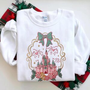 Embroidered Coquette Disney Castle Christmas Sweatshirt, Disneyland Holiday Bow Sweater, Disney Gingerbread Candy Cane Tee, Winter Park Top