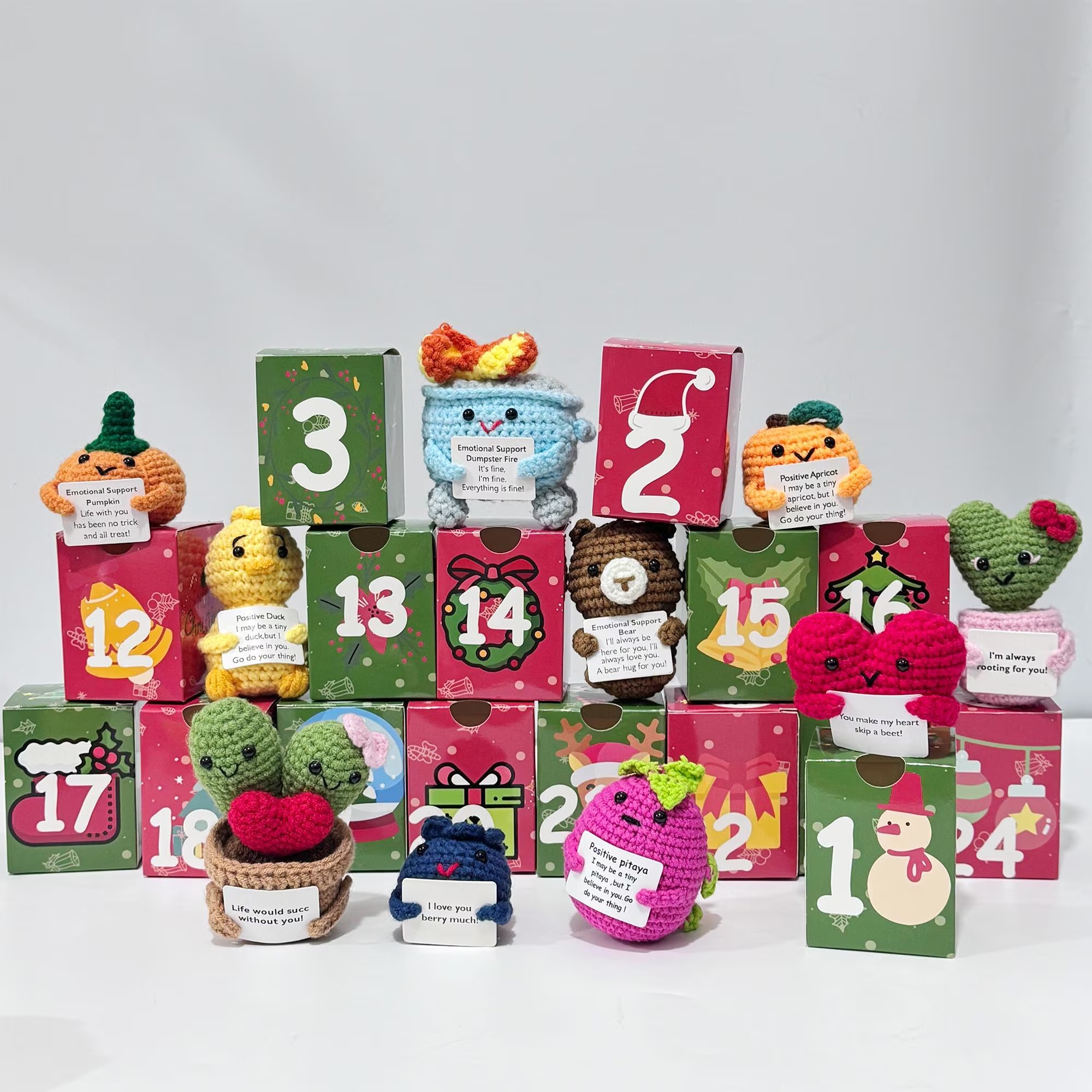 24 Days Countdown Christmas Box: 24Pcs Crochet Positive Vegetables/Fruits/Animal,Emotional Support Advent Calendar 2025,Funny Christmas Gift