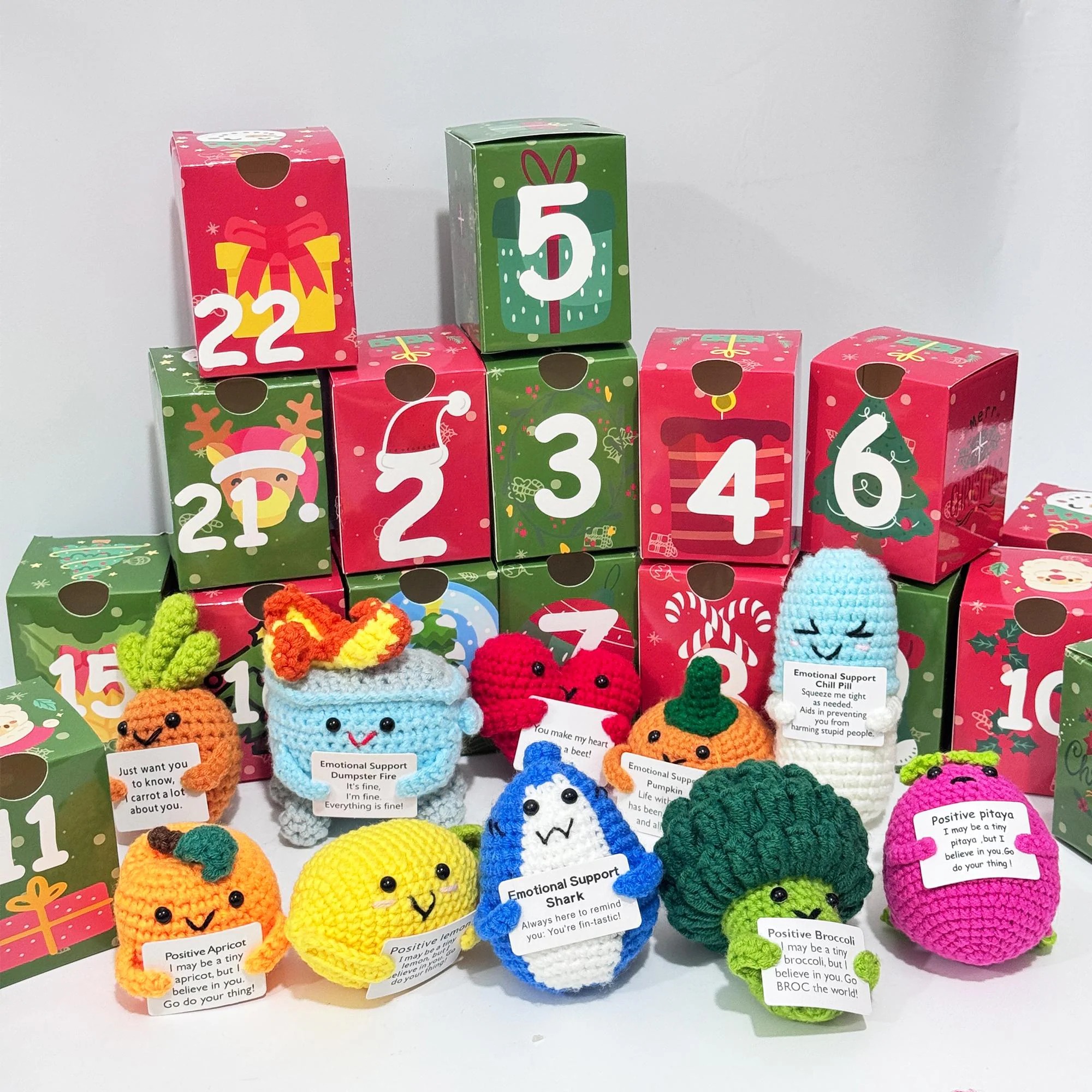 24 Days Countdown Christmas Box: 24Pcs Crochet Positive Vegetables/Fruits/Animal,Emotional Support Advent Calendar 2025,Funny Christmas Gift