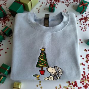 Embroidered Christmas Snoopy Sweatshirt, Christmas Tree Shirt, Embroidered Christmas Cartoon Dog T-Shirt
