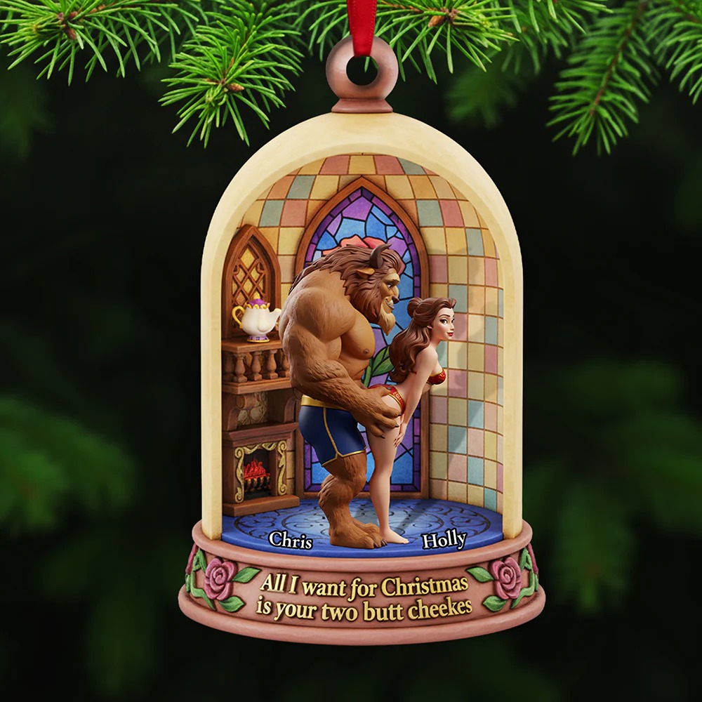 Belle and Beast Mischievous Christmas Ornament, Beauty and the Beast Funny Ornament, Romantic Disney Couple Holiday Decoration Keepsake