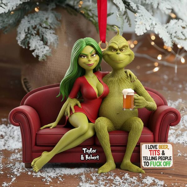 Funny Grinch Christmas Ornament, Personalized Couple Acrylic Ornament, Cute Green Monster Xmas Decoration, Holiday Tree Gift for Him Her