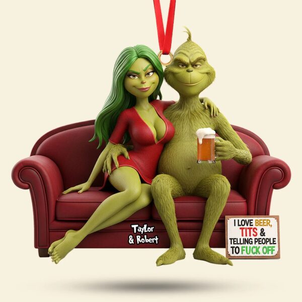 Funny Grinch Christmas Ornament, Personalized Couple Acrylic Ornament, Cute Green Monster Xmas Decoration, Holiday Tree Gift for Him Her