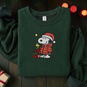 Embroidered Snoopy Christmas Sweatshirt, Real Embroidery Snoopy Christmas Sweatshirt, Embroidered Snoopy & Woodstock Sweatshirt