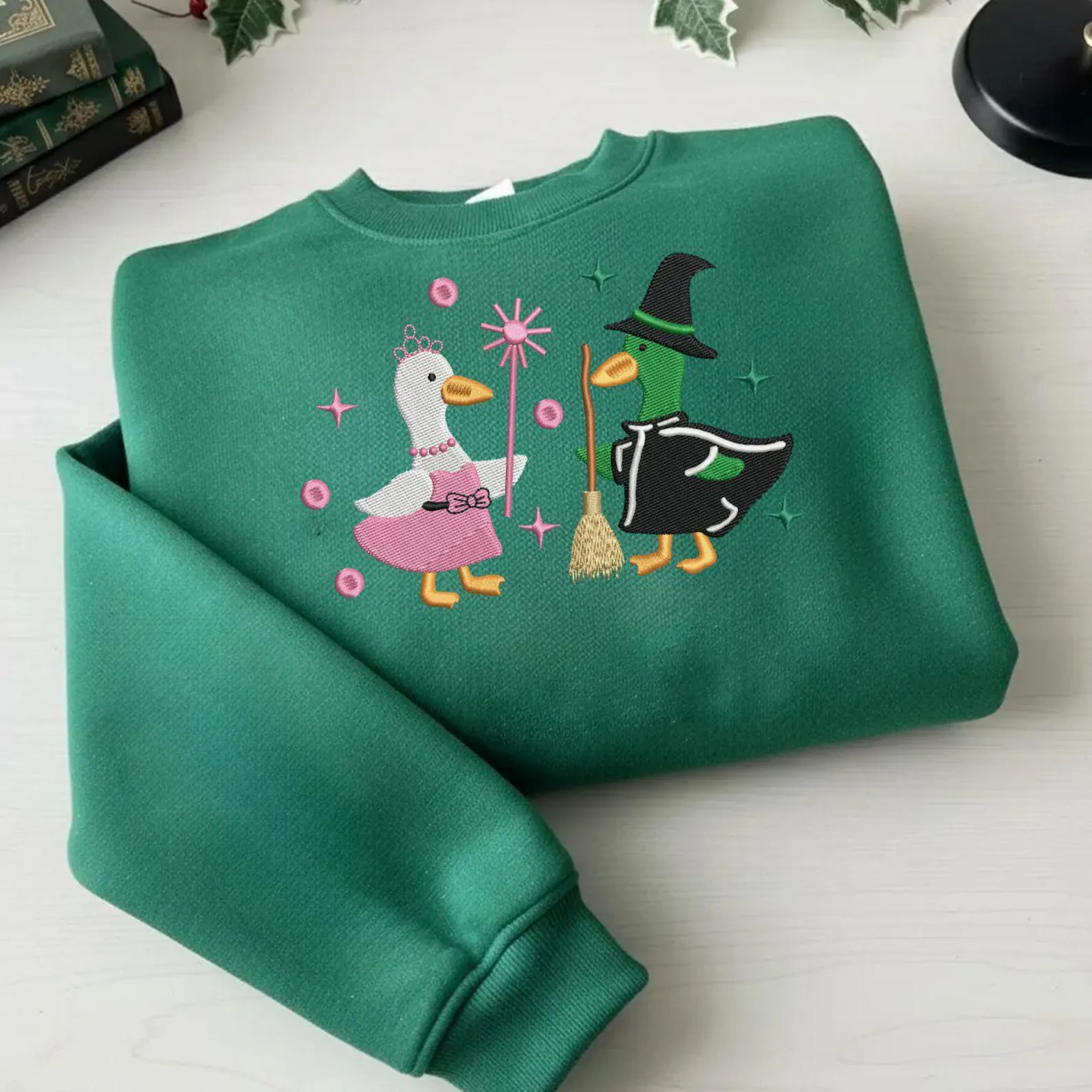 Goose Wicked Sweatshirt, Wicked Musical Inspired Duck Embroidered Sweater, Elphaba Glinda Goose Crewneck, Cute Witchy Green Pullover