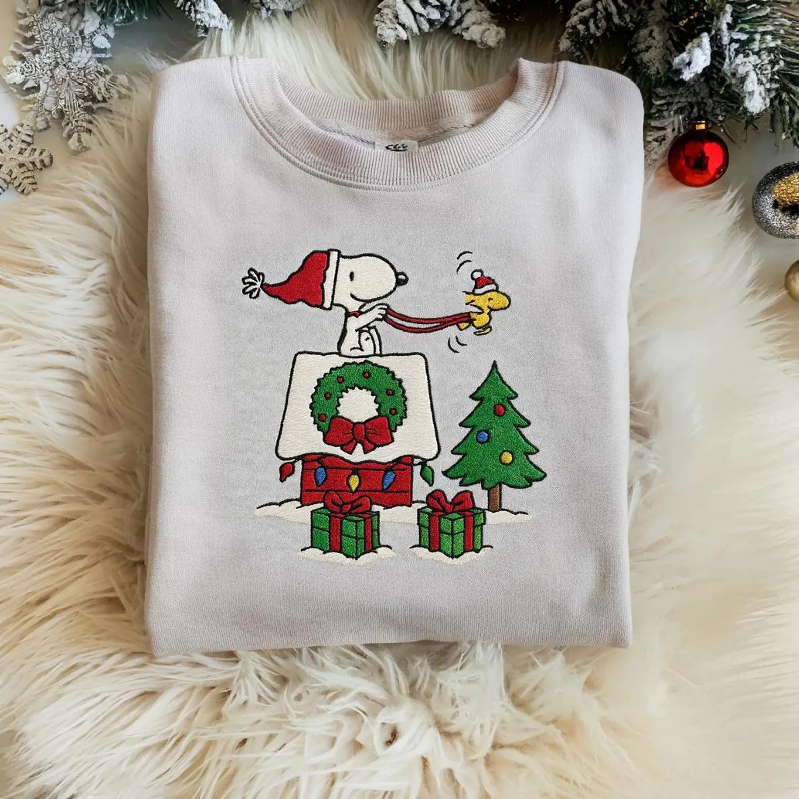 Cute Dog Christmas Embroidered Sweatshirt, Cozy Holiday Sweatshirt, Cartoon Winter Shirt, Gift for Her, Festive Tree Embroidery