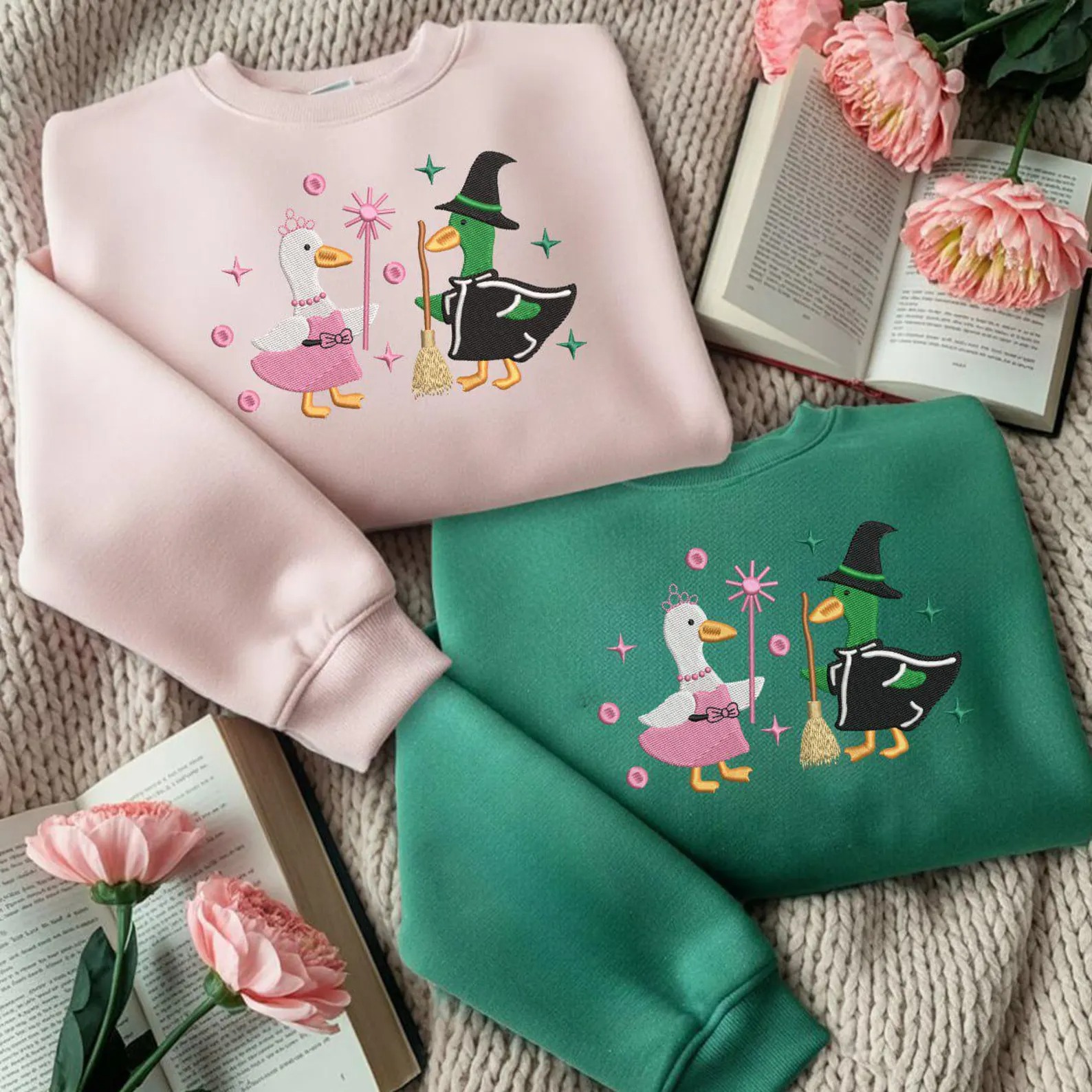 Goose Wicked Sweatshirt, Wicked Musical Inspired Duck Embroidered Sweater, Elphaba Glinda Goose Crewneck, Cute Witchy Green Pullover