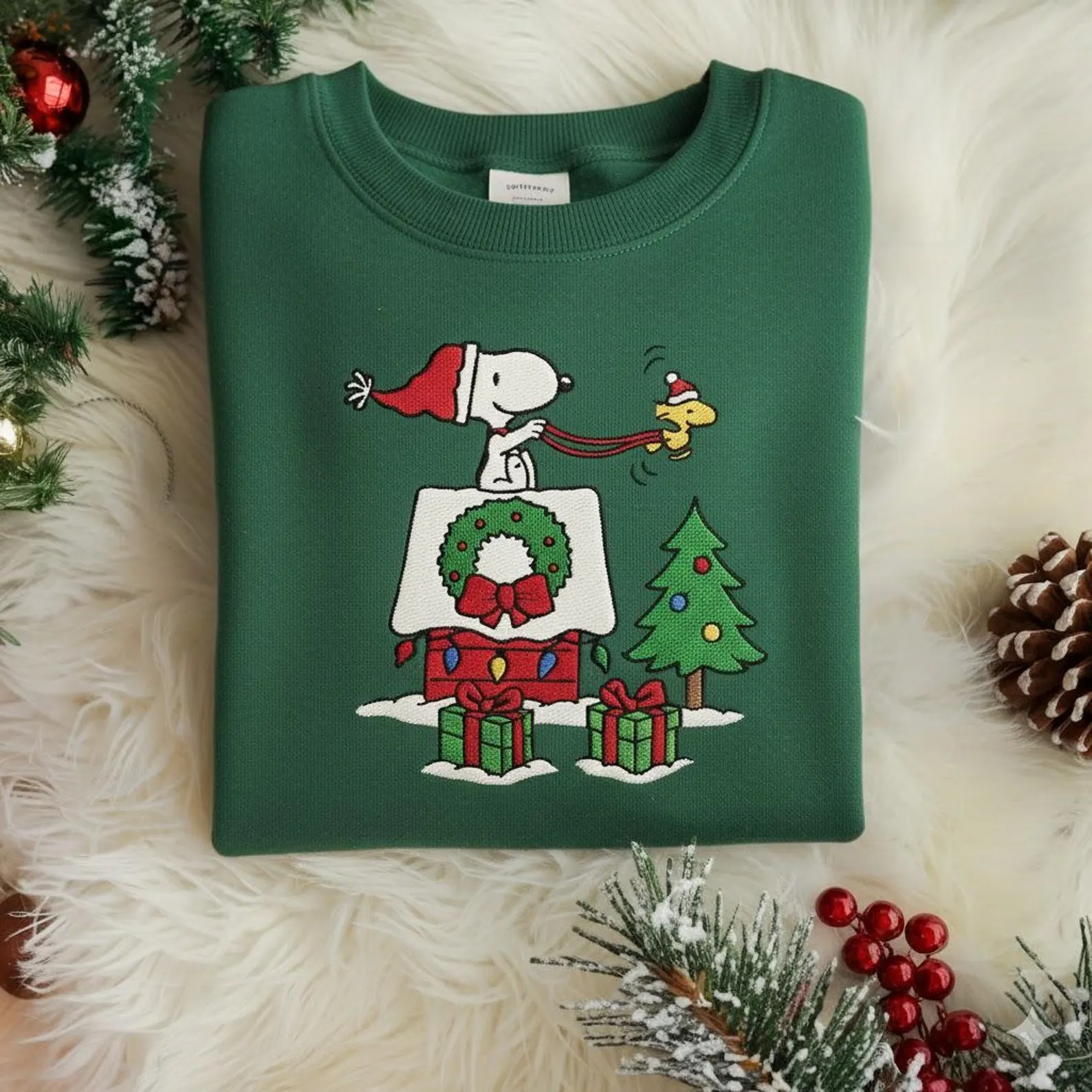 Cute Dog Christmas Embroidered Sweatshirt, Cozy Holiday Sweatshirt, Cartoon Winter Shirt, Gift for Her, Festive Tree Embroidery