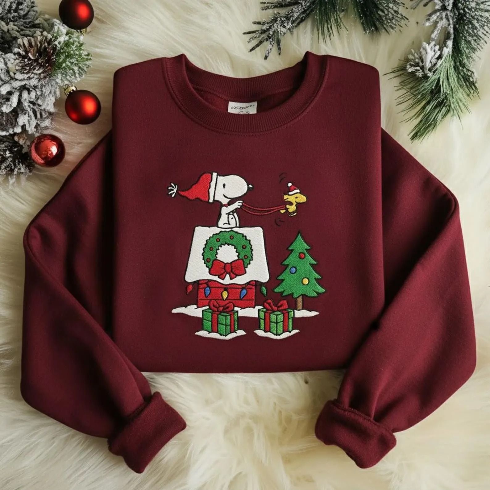 Cute Dog Christmas Embroidered Sweatshirt, Cozy Holiday Sweatshirt, Cartoon Winter Shirt, Gift for Her, Festive Tree Embroidery