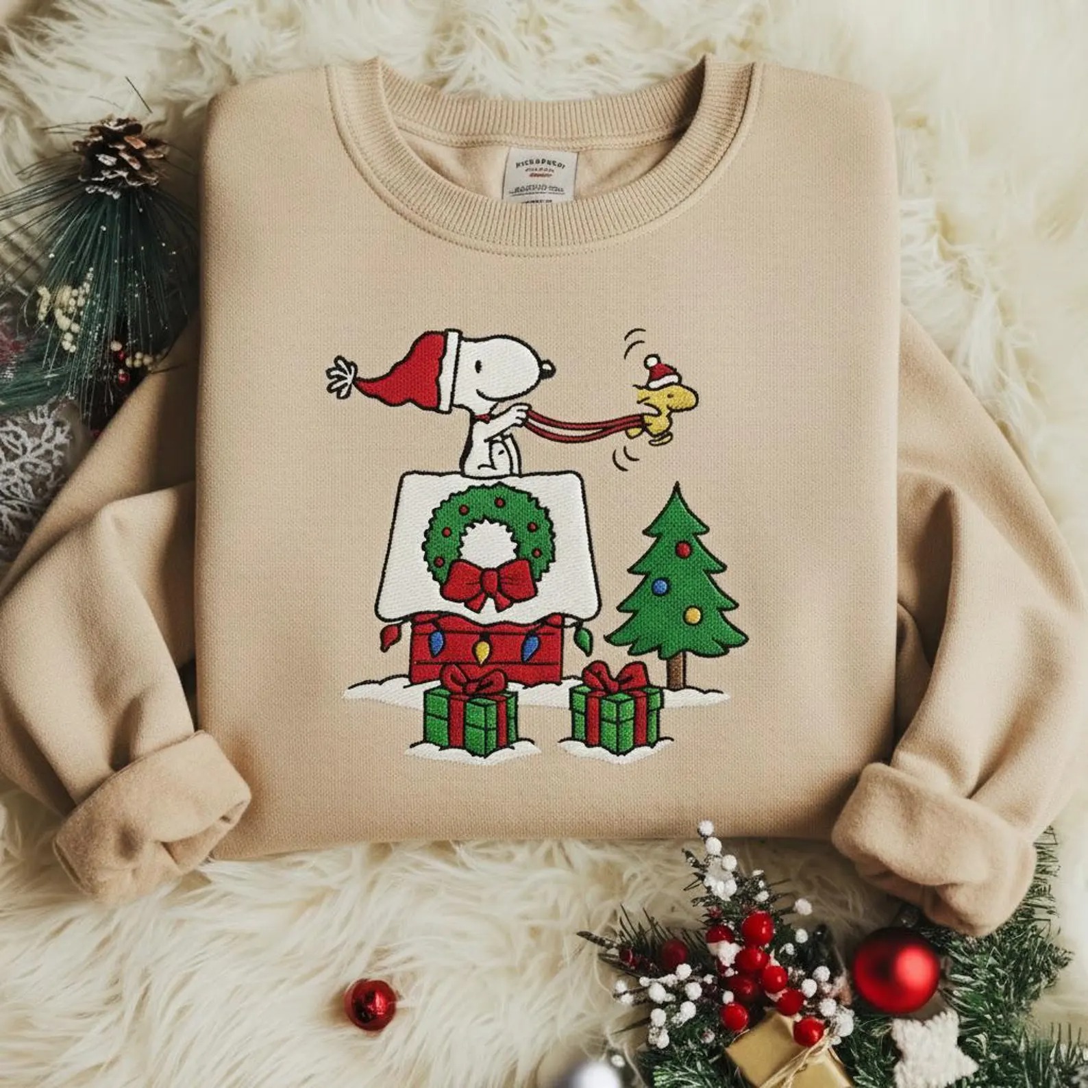 Cute Dog Christmas Embroidered Sweatshirt, Cozy Holiday Sweatshirt, Cartoon Winter Shirt, Gift for Her, Festive Tree Embroidery