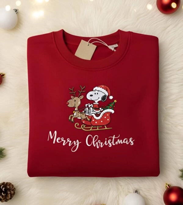 Embroidered Christmas Dog Sweatshirt, Peanuts Christmas Crewneck, Cute Dog Sweatshirt, Cartoon Dog Embroidered Shirt, Reindeer Sweatshirt