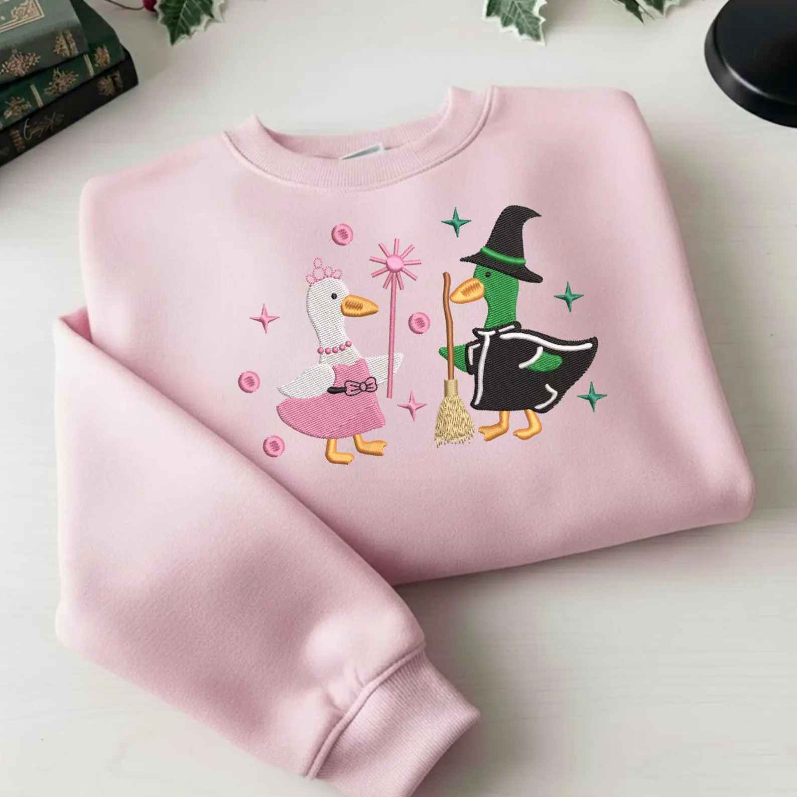 Goose Wicked Sweatshirt, Wicked Musical Inspired Duck Embroidered Sweater, Elphaba Glinda Goose Crewneck, Cute Witchy Green Pullover