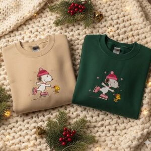 Winter Skating Dog Embroidered Sweatshirt, Christmas Holiday Crewneck, Ice Skating Friends Pullover, Christmas Gift