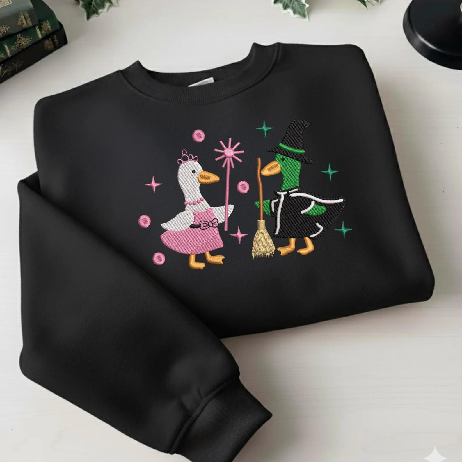 Goose Wicked Sweatshirt, Wicked Musical Inspired Duck Embroidered Sweater, Elphaba Glinda Goose Crewneck, Cute Witchy Green Pullover