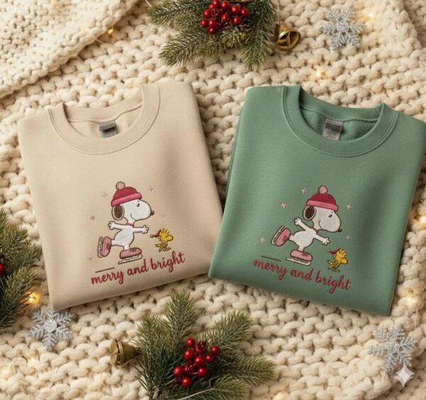 Winter Skating Dog Embroidered Sweatshirt, Christmas Holiday Crewneck, Ice Skating Friends Pullover, Christmas Gift