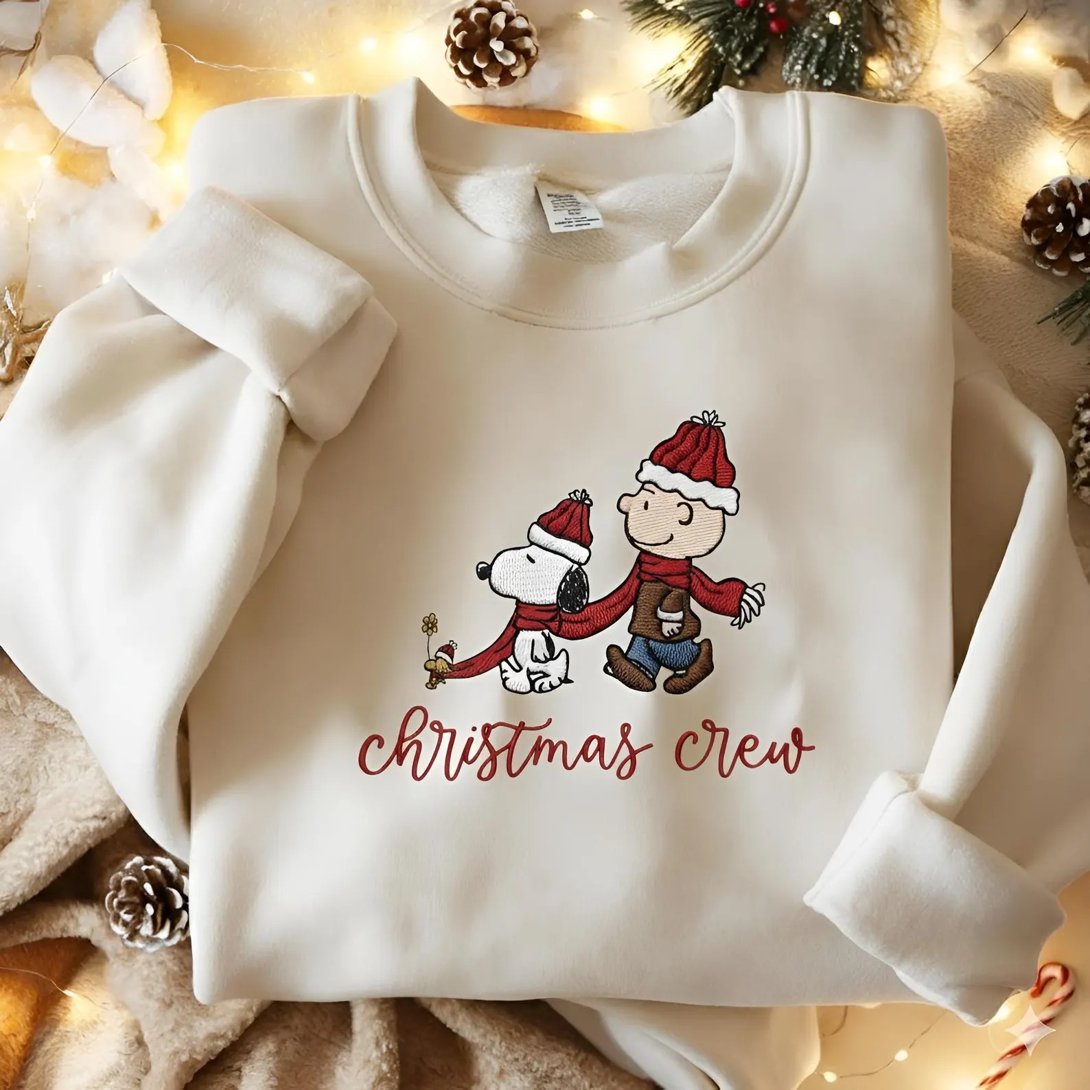 Embroidered Christmas Crew Sweatshirt, Peanuts Christmas Crewneck, Cute Snoopy Shirt, Cartoon Dog Embroidered Shirt, Christmas Dog Sweatshirt