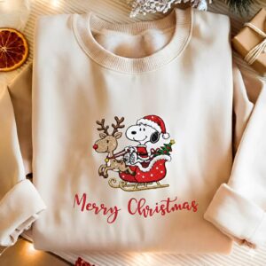 Embroidered Christmas Dog Sweatshirt, Peanuts Christmas Crewneck, Cute Dog Sweatshirt, Cartoon Dog Embroidered Shirt, Reindeer Sweatshirt
