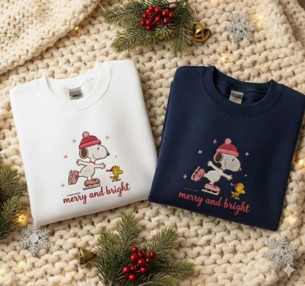 Winter Skating Dog Embroidered Sweatshirt, Christmas Holiday Crewneck, Ice Skating Friends Pullover, Christmas Gift