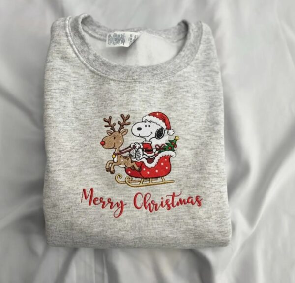 Embroidered Christmas Dog Sweatshirt, Peanuts Christmas Crewneck, Cute Dog Sweatshirt, Cartoon Dog Embroidered Shirt, Reindeer Sweatshirt