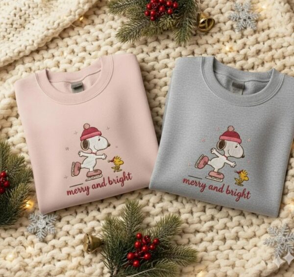 Winter Skating Dog Embroidered Sweatshirt, Christmas Holiday Crewneck, Ice Skating Friends Pullover, Christmas Gift