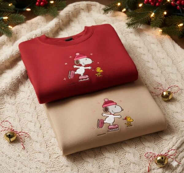 Winter Skating Dog Embroidered Sweatshirt, Christmas Holiday Crewneck, Ice Skating Friends Pullover, Christmas Gift