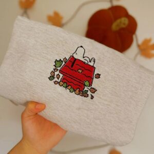 Fall Embroidered Snoopy Sweater, Cozy Grey Crewneck, Autumn Embroidery, Dog Fall Sweatshirt
