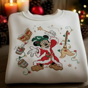 Disney Christmas Mickey Mouse Wizard Embroidered Sweatshirt, Mickey Fantasia Xmas Tee, Mickey Sorcerer T-Shirt, Disney Sweatshirt