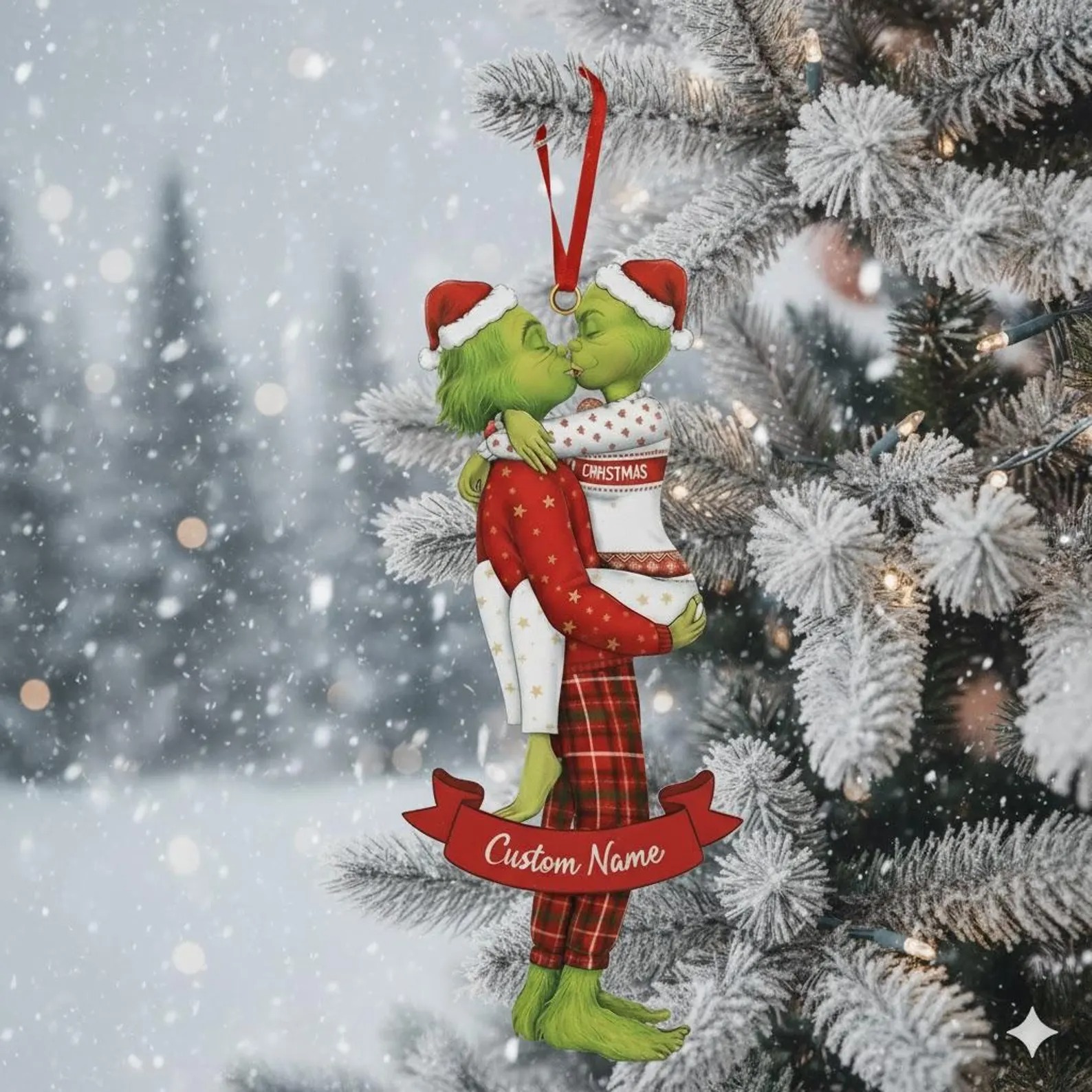 Personalized Grinch Couple Kissing Acrylic Ornament, Grinch Ornament, Couple Christmas Ornament, The Grinchmas Decor, Newly Wed Ornament