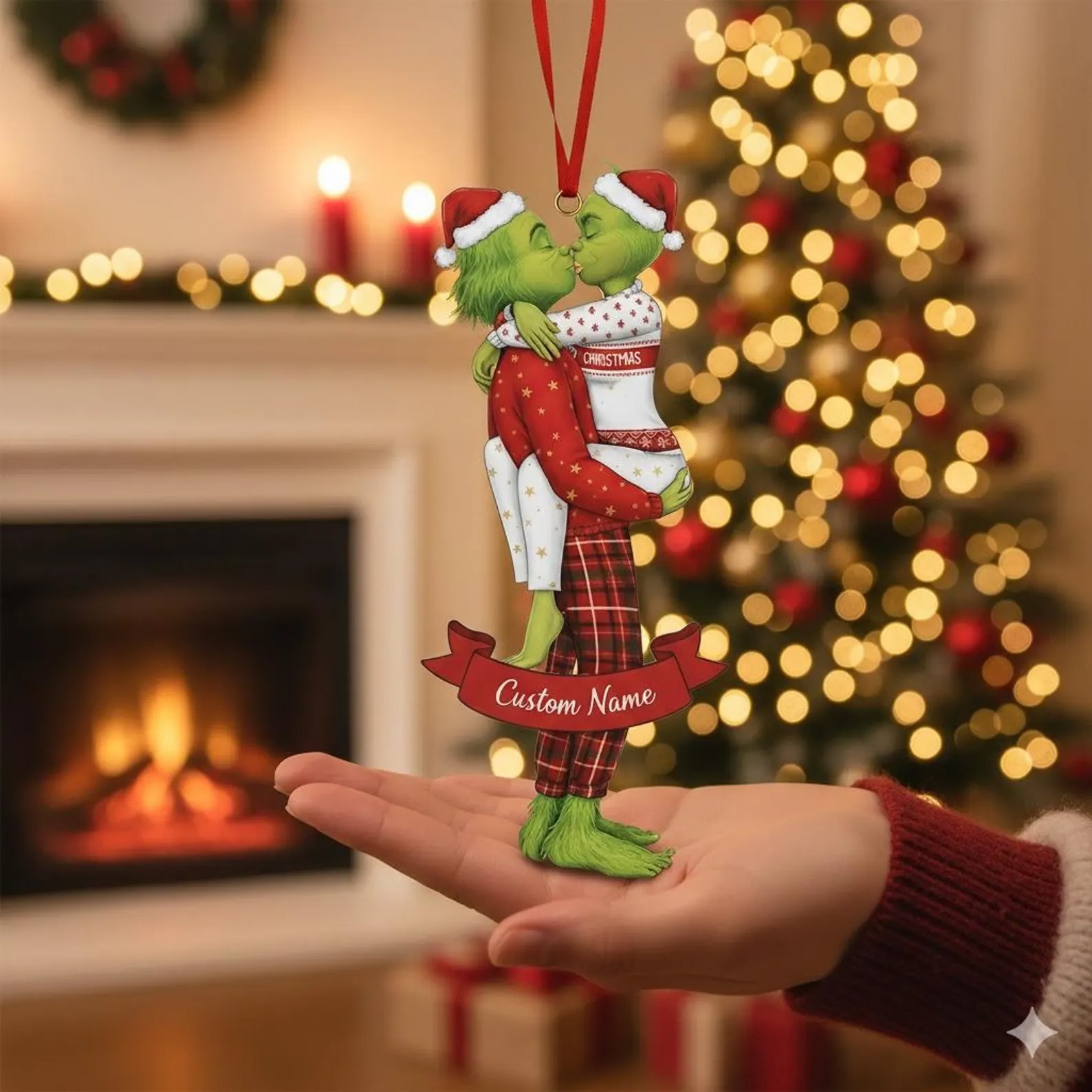 Personalized Grinch Couple Kissing Acrylic Ornament, Grinch Ornament, Couple Christmas Ornament, The Grinchmas Decor, Newly Wed Ornament